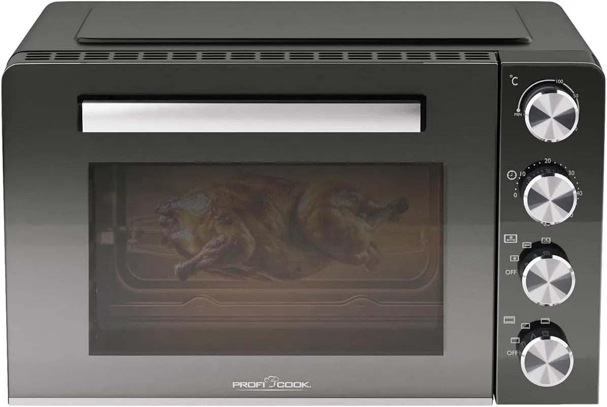 Backofen MBG 1277, ProfiCook Minibackofen 30L, 100°C, 230°C, klein 1500W, Umluft + Ober, Unterhitze, Mini mit Drehspieß und Pizzastein, PC