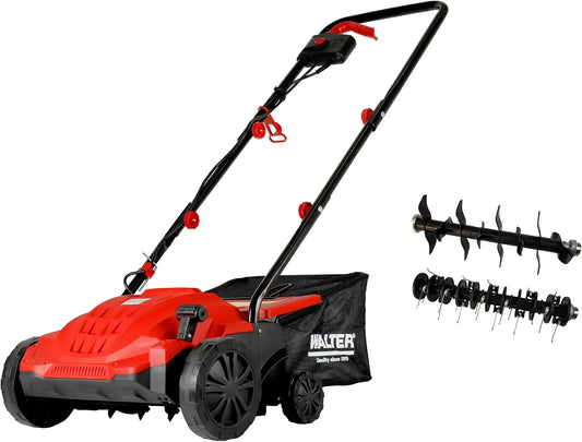 WALTER 2 in 1 Elektro Vertikutierer und Rasenlüfter, 4- stufige Höhenverstellung, Arbeitsbreite 320 mm, großer Fangkorb