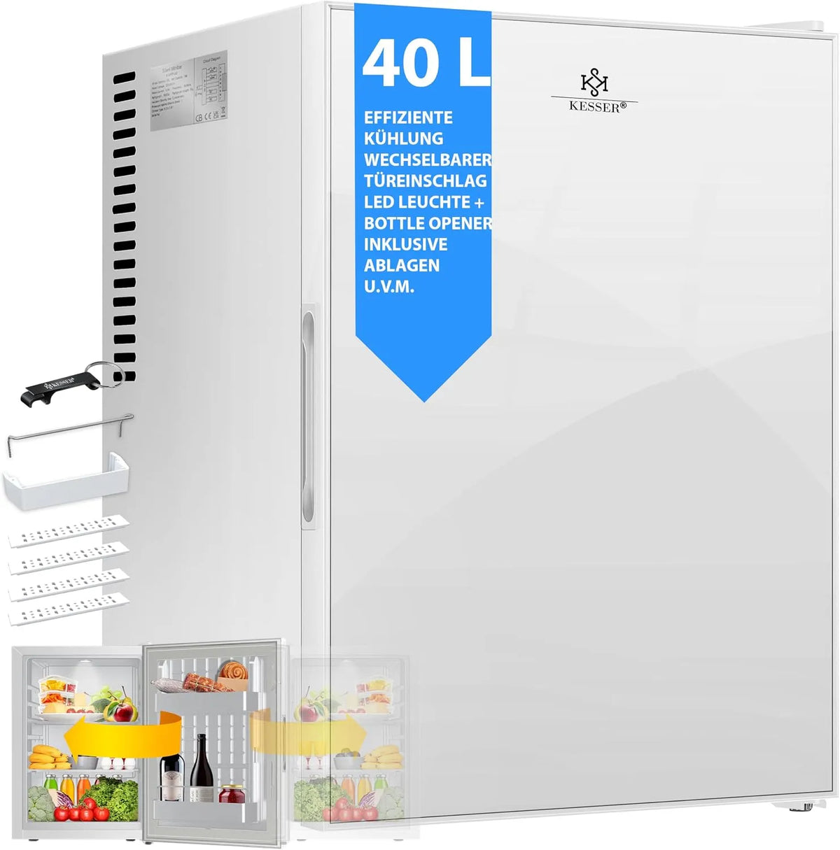 Kesser Kühlschrank, Büro, Hotel, wechselbarer Türanschlag, Mini 40L mit Glasfront Minibar ideal für Camping, Schlafzimmer