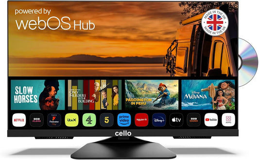 LG Modell C2425WSF, Cello Trav 24' 230V 12V Full HD SMART, 2025, DVD Camping Reise TV integrierter DVD Player Rahmenlos Triple Tuner Bluetooth WebOS