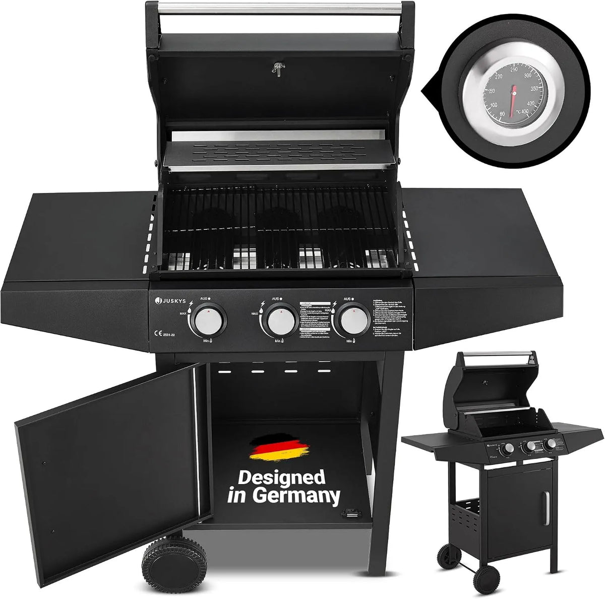 Gasgrill Juskys, Grillrost & Warmhalterost, Louisiana 3 Brenner 8,1 kW, BBQ Grillwagen mit Deckel, Seitenablagen & Abdeckplane, Grill mit Thermometer