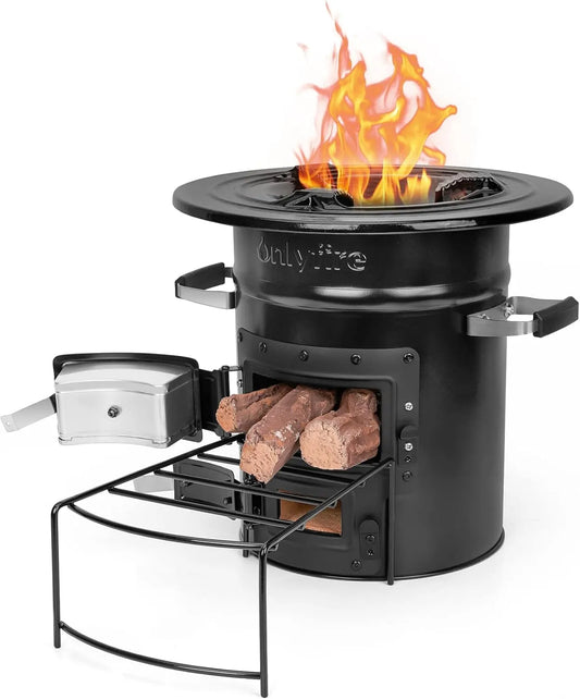 Holzofen Onlyfire Raketenofen, Camping, Campingkocher Holz mit Brennholzständer, Doppeltür-Design, zum Kochen, Grillpfannen, in Schwarz, Zeltofen