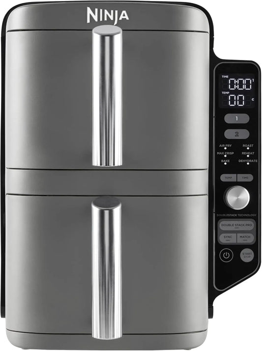Ninja Heißluftfritteuse SL400EU, Fassungsvermögen 9,5L Airfryer, Doppelkorb mit 4 Kochstufen, 2 Körben, 2 Rosten, 6 Kochfunktionen, 8 Portionen