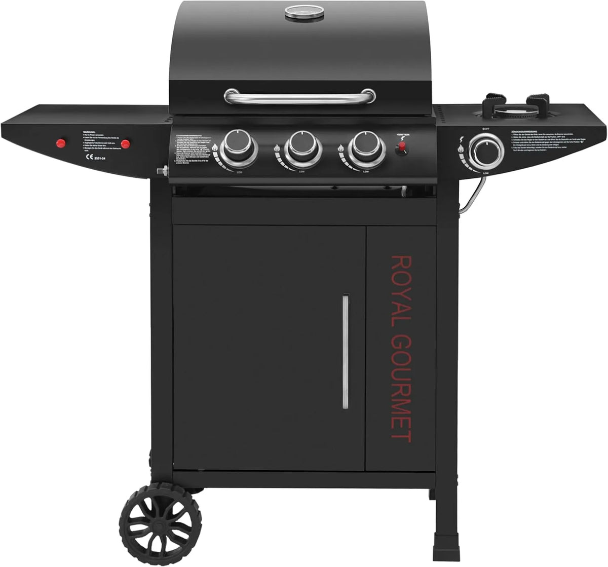Gasgrill Royal Gourmet, 3+1 Brenner Grillwagen mit 11,5 kW, Campinggrill mit Seitenbrenner, Outdoor Gas Grill inklusive. Haken, Party in Schwarz