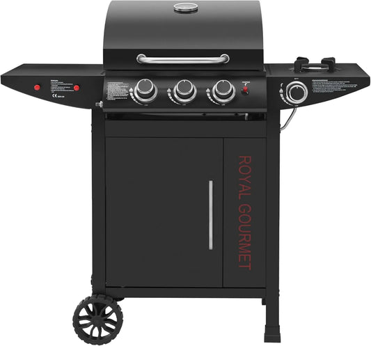 Gasgrill Royal Gourmet, 3+1 Brenner Grillwagen mit 11,5 kW, Campinggrill mit Seitenbrenner, Outdoor Gas Grill inklusive. Haken, Party in Schwarz