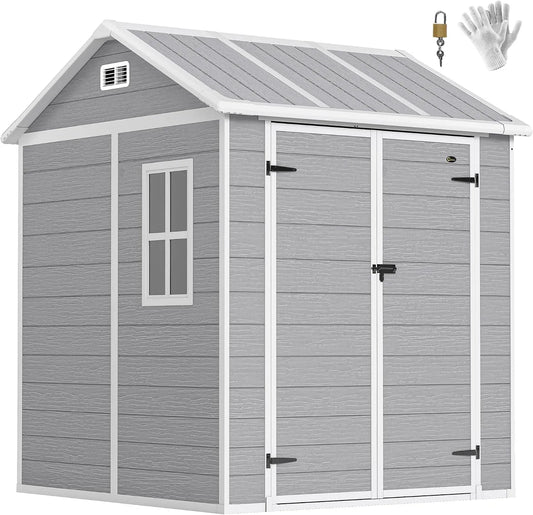 Outsunny Gerätehaus, 2,91m² 181 x 181 x 220 cm Geräteschuppen, mit Satteldach Boden Abschließbar Tür wetterfest Gartenhaus Kunststoff