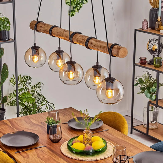 Modell Koyoto E27 HOFSTEIN Pendelleuchte, max. 150cm, 5-flammige Hängelampe aus Metall, Holz, Natur, Bernstein, Klar, Vintage Hängeleuchte, Holzbalken