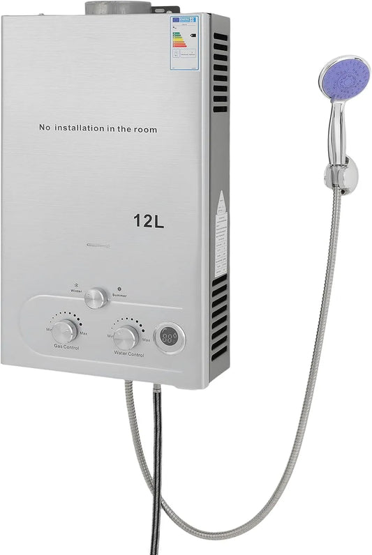 Warmwasserbereiter, 16–32kW, Fassungsvermögen 12L, Gasdurchlauferhitzer Sofortiger Gas, Durchlauferhitzer LPG Wandmontage, Camping und Outdoor