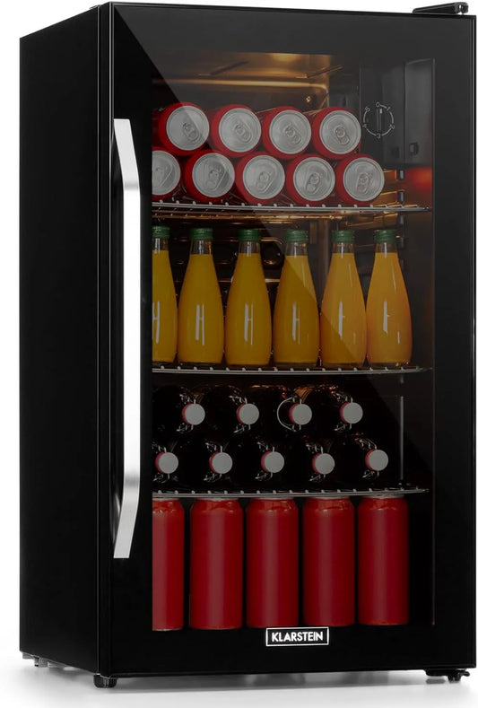 Klarstein Kühlschrank, Klein mit 3 Ablagen, Mini Fridge 3-10°C, Bierkühlschrank 80 Liter, Getränkekühlschrank, mit Glastür, in Schwarz