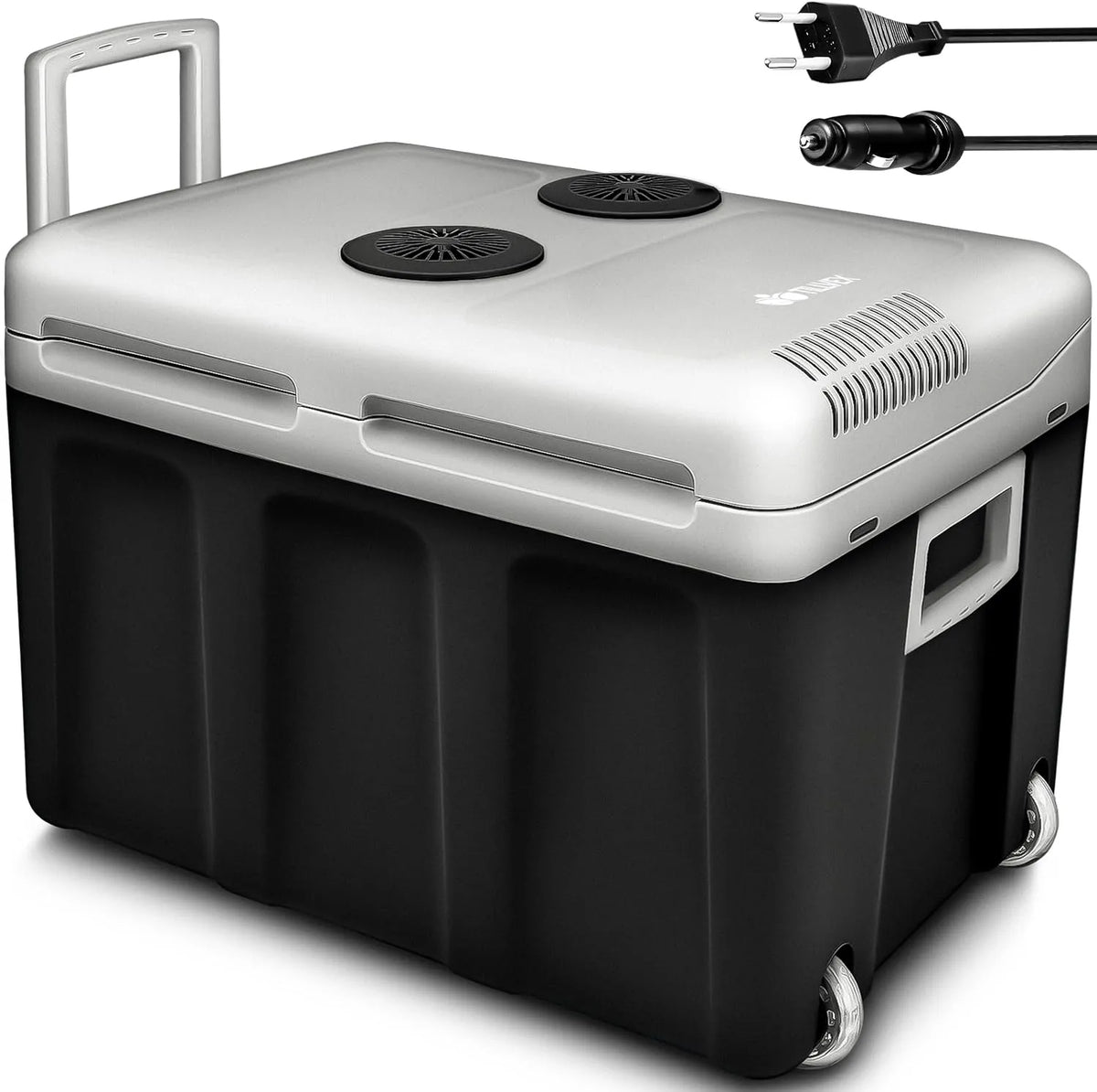 Kühlbox tillvex, kühlt & wärmt, Mini-Kühlschrank 230 V und 12 V für KFZ Auto Camping, elektrisch 40L mit Rollen, Anthrazit, ECO-Modus