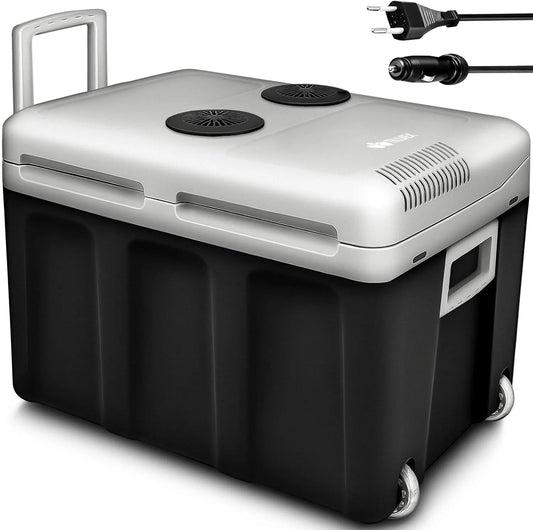 Kühlbox tillvex, kühlt & wärmt, Mini-Kühlschrank 230 V und 12 V für KFZ Auto Camping, elektrisch 40L mit Rollen, Anthrazit, ECO-Modus
