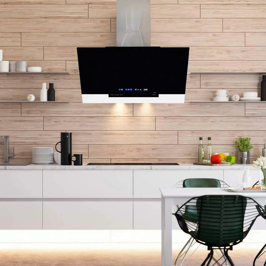 Dunstabzugshaube AT 8438 F Kaiser Premium ECO, Kaiser ECO 80cm kopffrei, 910m³/h, Edelstahl in Schwarz Glas, Wandhaube, TouchControl, LED Display