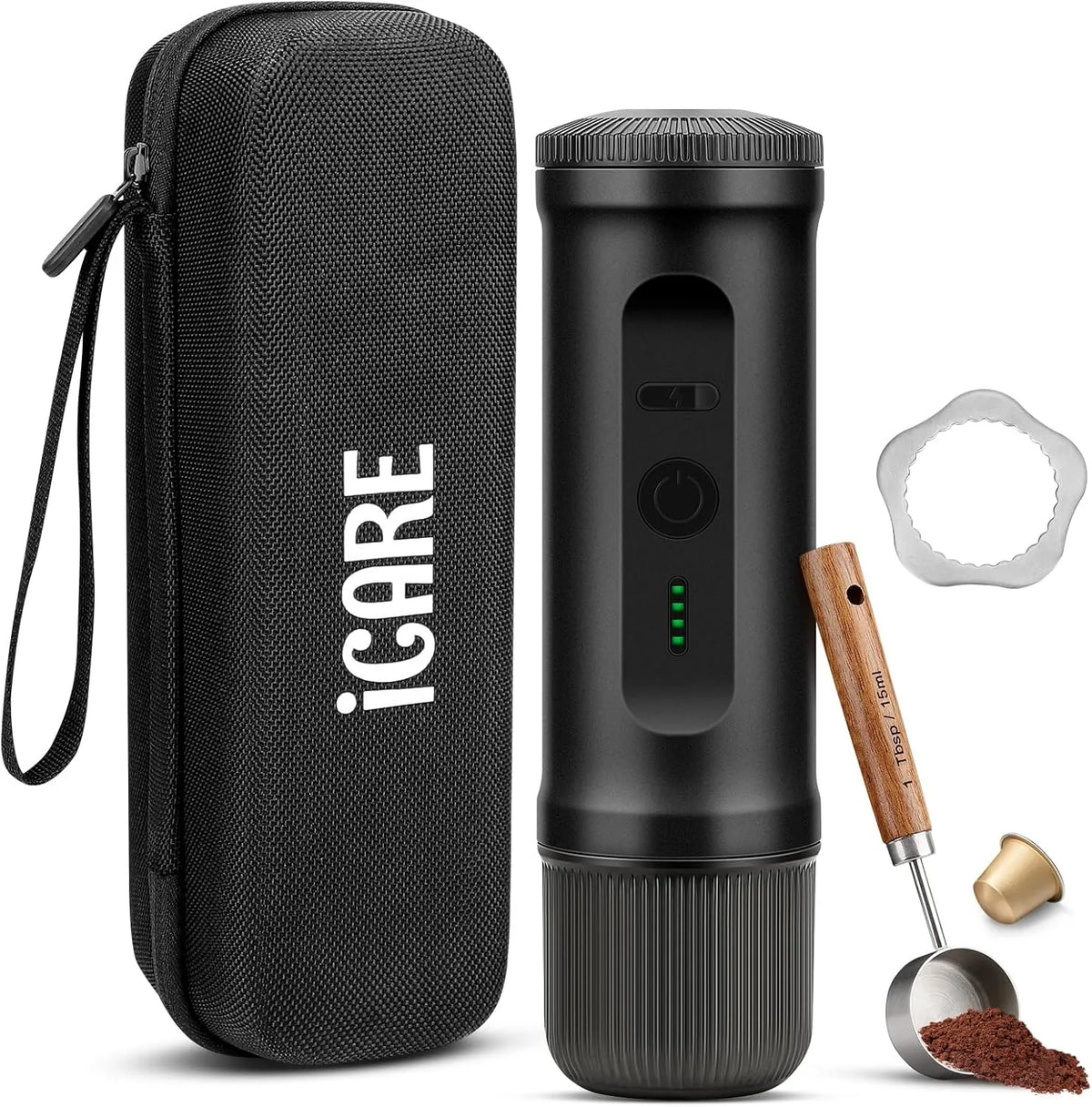 Kaffeemaschine ICARE tragbar, 2-in-1 für NS-Kapseln und Gemahlenen Kaffee, akkubetrieben, Selbstheizend, USB-C-Schnellladung, Batterieanzeige