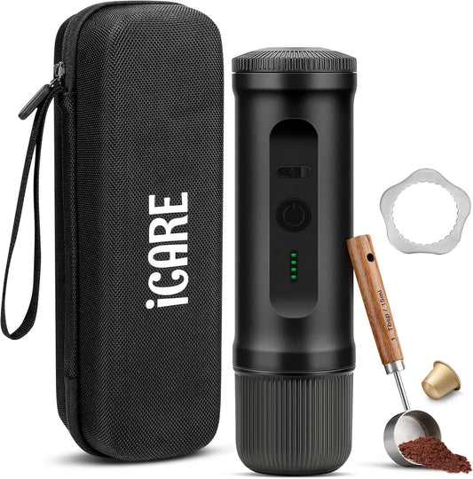 Kaffeemaschine ICARE tragbar, 2-in-1 für NS-Kapseln und Gemahlenen Kaffee, akkubetrieben, Selbstheizend, USB-C-Schnellladung, Batterieanzeige