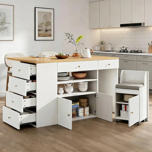 Schrank x89, Verstellbar 140x40, 70, cm, Küchenschrank mit 6 Schubladen und Hockern, DRIXNO Kücheninsel mit Arbeitsplatte, Stabil, Weiß