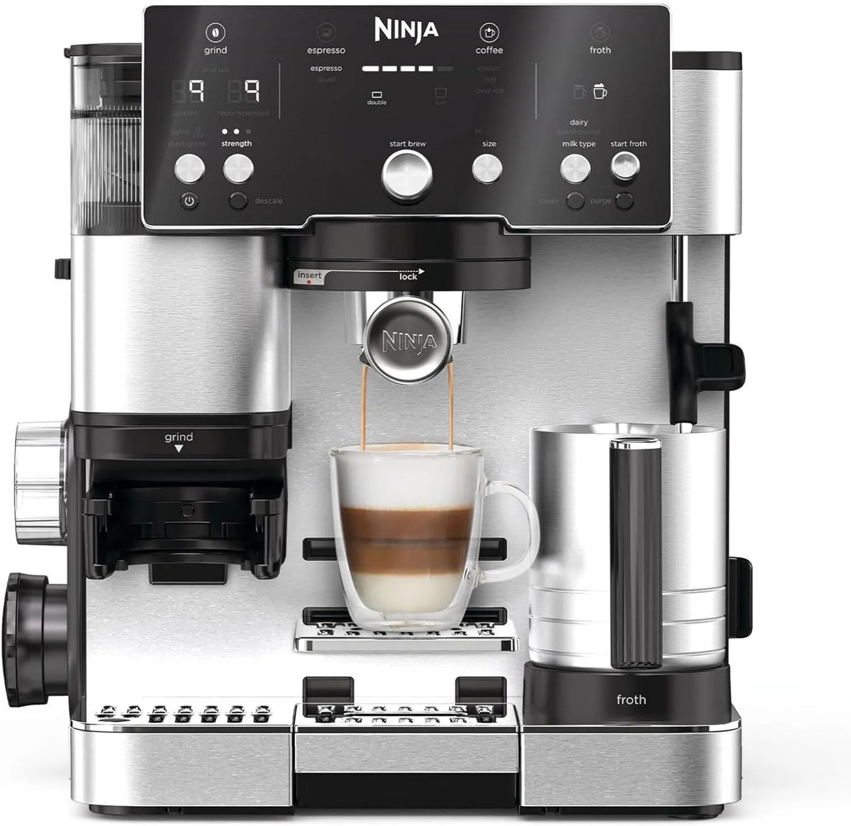 Ninja Kaffeemaschine 2-in-1-Kaffeemaschine ES501EU, 2 Voreinstellungen zum Aufschäumen, Cappuccino & Espresso, einfache Handhabung, Silber