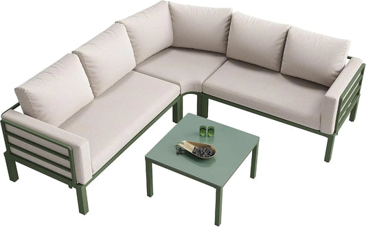 Für 4‑5 Personen Lounge Set, Balkonmöbel Set wetterfest mit 10 cm Sitzkissen in Beige für Garten, Mit Ecksofa & Couchtisch, Balkon & Terrasse