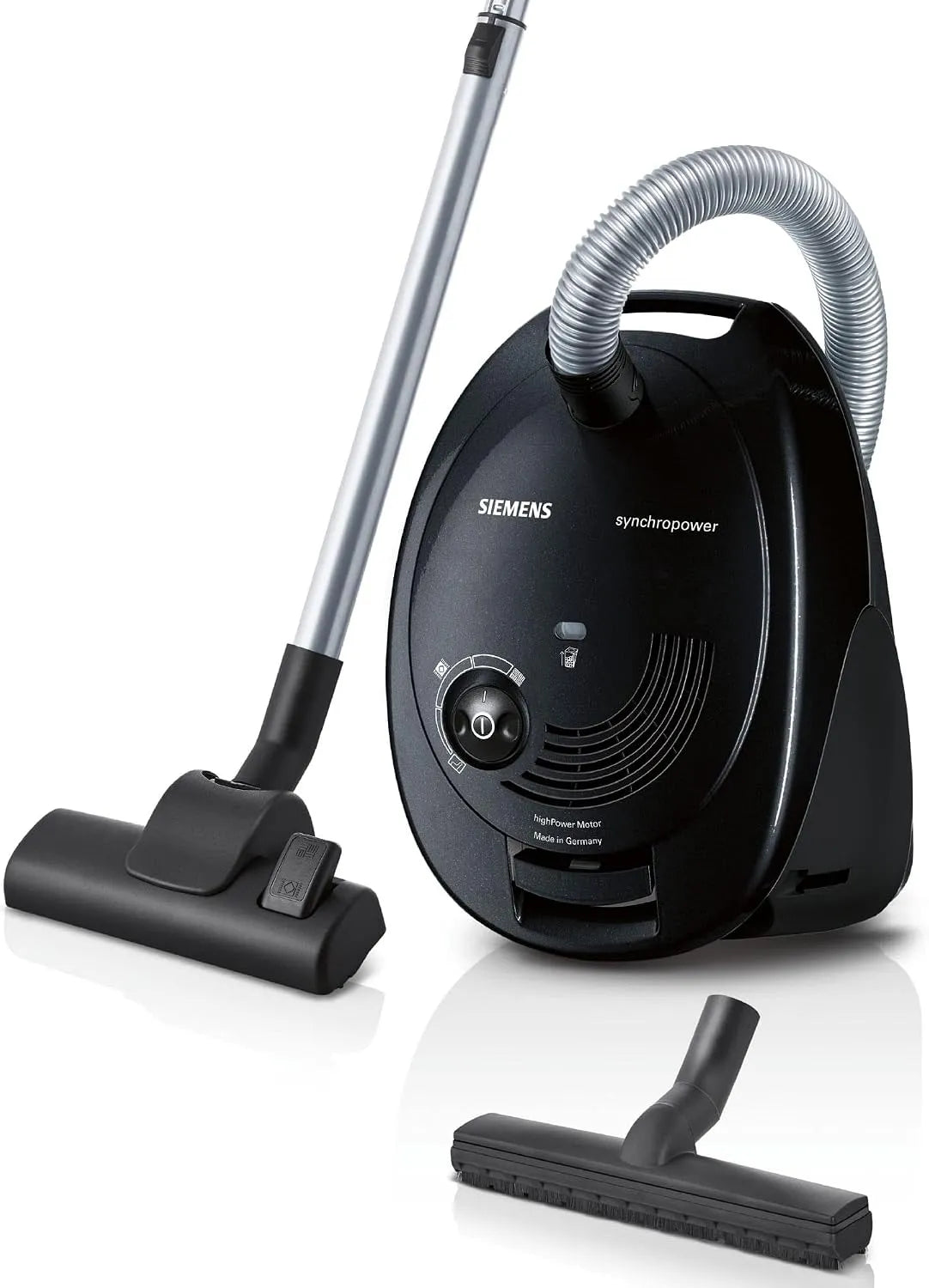 Siemens Staubsauger VS06A212, mit Beutel synchropower, Bodenstaubsauger, Bodendüse für Parkett, Fliesen, langes Kabel, in Schwarz, Leistung 600 W