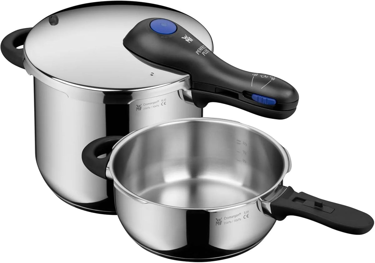 WMF Perfect Plus One Pot Schnellkochtopf Set Induktion 2-teilig, Dampfkochtopf 6,5l + 3l großes Kochsignal, 2 Kochstufen, abnehmbarer Deckelgriff