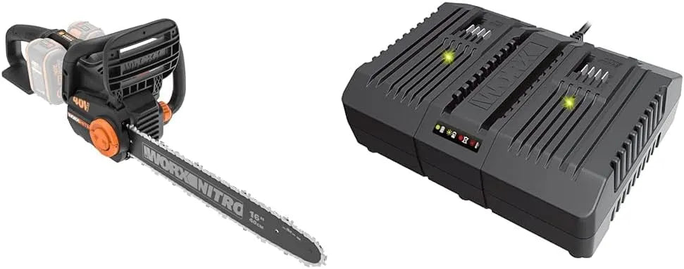Worx Modell, NITRO Akku Kettensäge 40V WG385E.9 2x20V WA3883, Gleichzeitiges Aufladen von 2x 20V Akkus, 4A Ladestrom, Fassungsvermögen 2 Lademodi