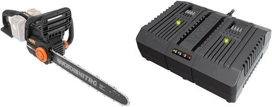 Worx Modell, NITRO Akku Kettensäge 40V WG385E.9 2x20V WA3883, Gleichzeitiges Aufladen von 2x 20V Akkus, 4A Ladestrom, Fassungsvermögen 2 Lademodi