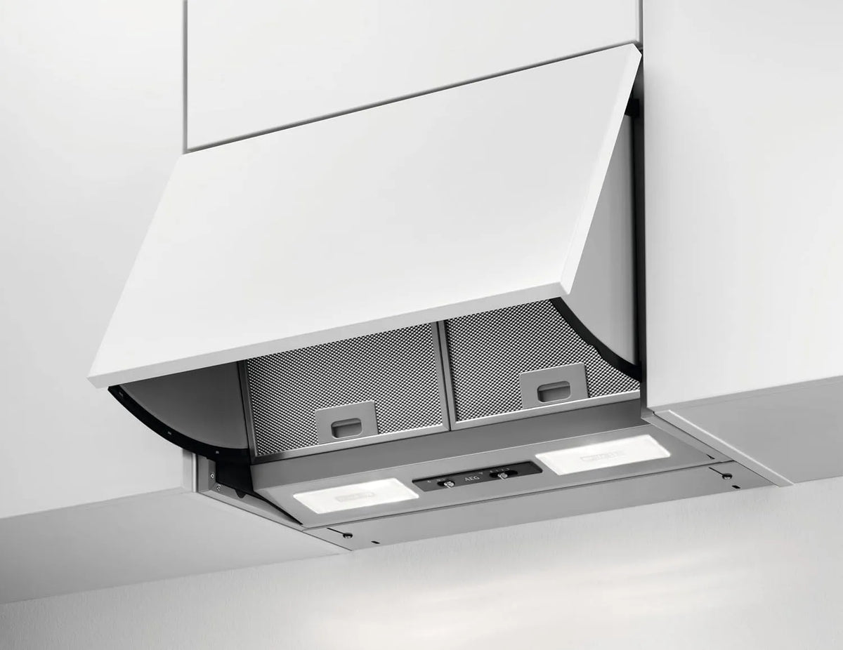 AEG Dunstabzugshaube DEB2531S, max. 67 dB, max. 266 m³/h, Breite 56cm, min. 62, Einbau, Abluft oder Umluft, Schiebeschalter, Farbe Grau