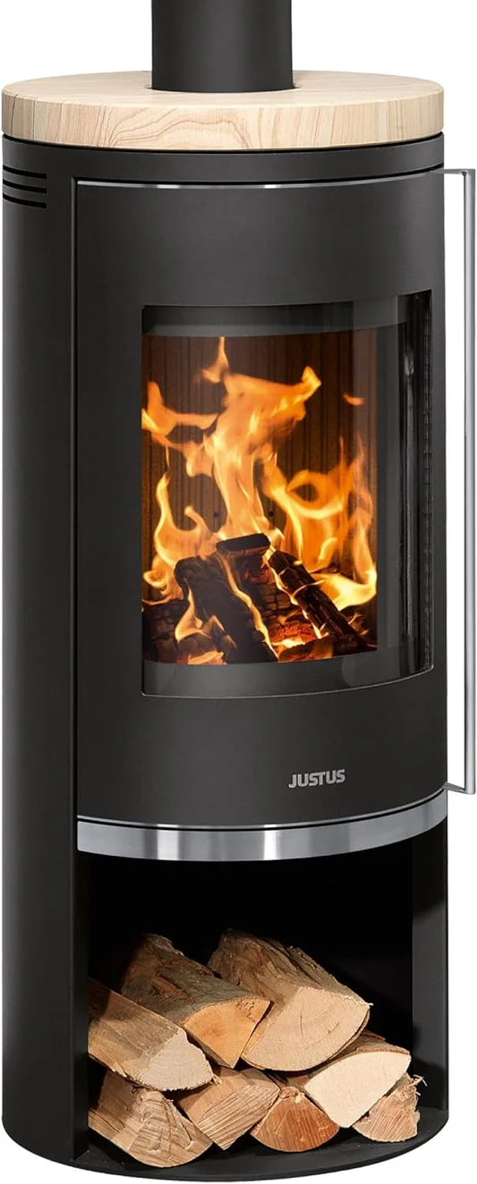 Kaminofen 5686, Justus 42 Faro 2.0 Stahl in Schwarz mit Sandstein-Abdeckplatte