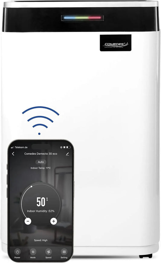 Luftentfeuchter 24h, max. 25 Liter, 230m³, App-fähig, Comedes Demecto 30 eco WiFi, Geeignet für alle Räume und Keller bis zu 100m², Bautrockner