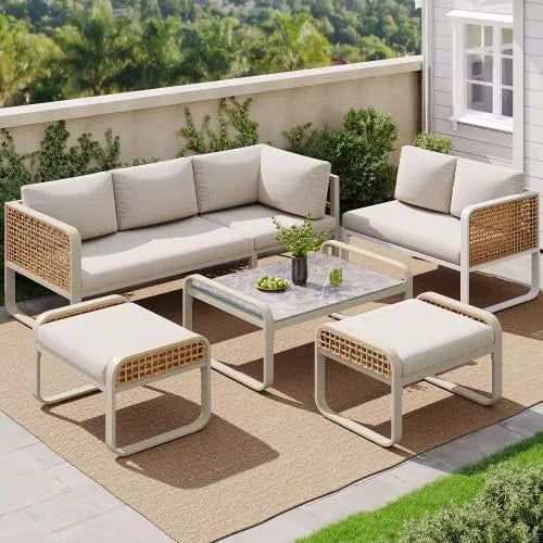 Für 6-7 Personen Gartenmöbel Set, höhenverstellbaren Füßen, inklusive. extra dicker Sitzkissen & Rückenkissen, Terrasse, für Garten, Balkon