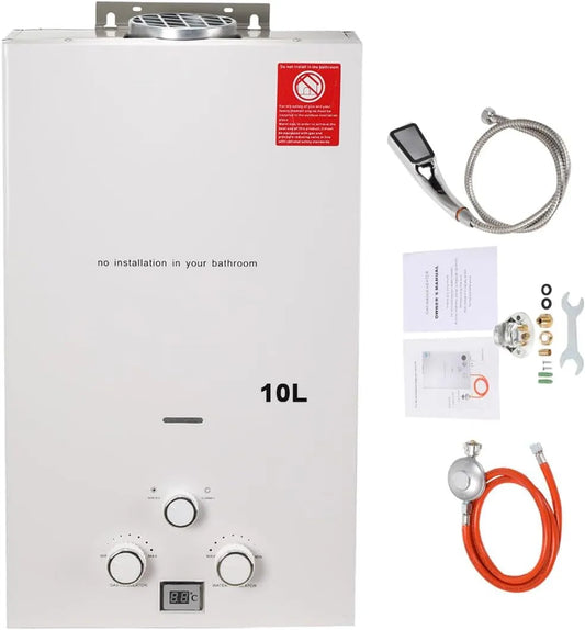 Warmwasserbereiter, Fassungsvermögen 10L 20KW Tragbarer Gas Durchlauferhitzer Propangas Campingdusche, mit Gasdruckminderer