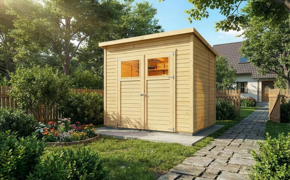 Gerätehaus Alpholz, Mollie 251x199 cm Fichtenholz 14 mm Wandstärke Pultdach Holzhaus mit Montagematerial