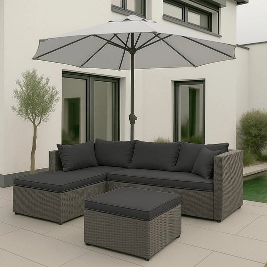 Sofa HWC-O46, Mendler Poly-Rattan Garnitur, Balkon, Garten, Lounge-Set Sitzgruppe, Farbe Grau Polster dunkelgrau