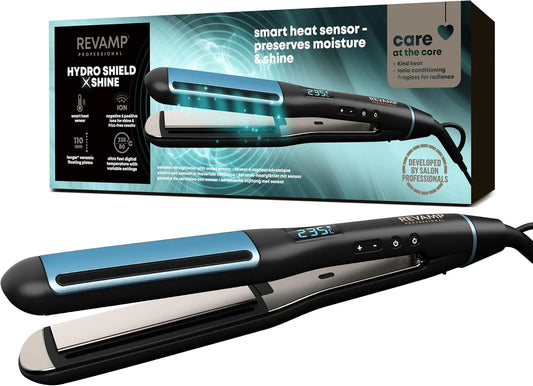 Shield X Shine Keramik-Haarglätter REVAMP Hydro, 4 Ionendüsen, Smart-Sensor-Hitzeschutz, Lange Platten für schnelles Styling, Glätten