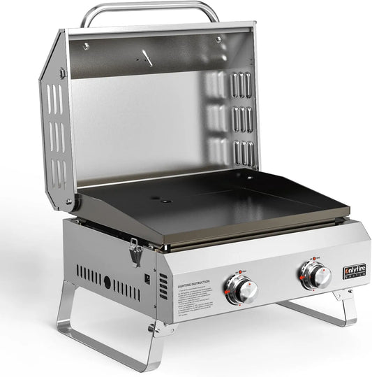 Grill, Grillfläche 45,8x36CM, onlyfire Plancha Tischgasgrill 2-Brenner mit Deckel, Leistung 4,7 KW, Keramische Lackbeschichtung Grillplatte, Camping