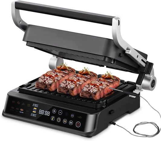 Grill, AMZCHEF XL Kontaktgrill 4-in-1 mit Temperatursensor & GrillBoost, Leistung 2000 W, 280°C, Waffeln, Sandwiches, Pfannkuchen