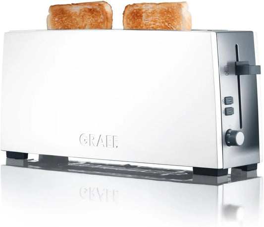 Toaster TO91, GRAEF Langschlitztoaster Weiß mit separatem Brötchenaufsatz, Edelstahlkrümelschublade, Nachhebevorrichtung und Brotscheibenzentrierung