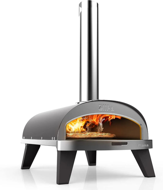 ZiiPa, Schnelles Garen in 60 Sekunden, Rotierender feuerfester Cordieritstein Ø31,5 cm, Erhitzt in 20 Minuten, Pellet-Pizzaofen, Piana, Schiefer