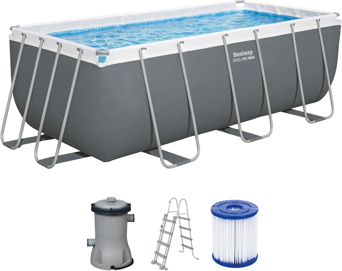 Bestway Pool, Power Steel Frame Set mit Filterpumpe 412 x 201 x 122 cm, eckig, Farbe Grau