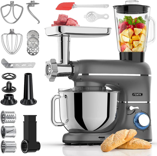 Küchenmaschine, 6-in-1, Leistung 2000W, Fassungsvermögen 1,5L Entsafter, Knetmaschine mit 6,2L Rührschüssel, Mit Fleischwolf, Gemüseschneider und Mehr