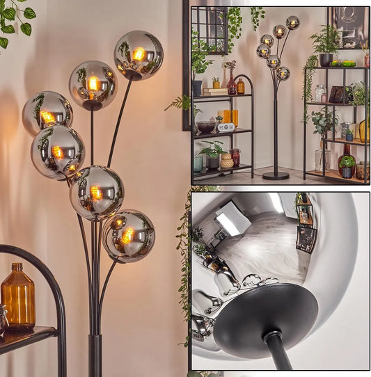 Modell Gastor E14 HOFSTEIN Stehleuchte, Ø 15 cm, Breite 168 cm, Stehlampe aus Metall, Chrom, Rauch, Leuchte im Vintage-Design mit Glasschirmen