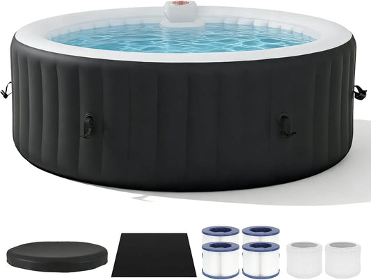 Whirlpool Aufblasbarer 208x208cm, Schwarzer In-Outdoor für 4-6 Personen, Leistung 1800W Heizung & 130 LuftMassagedüsen, inklusive. Abdeckung & Filter