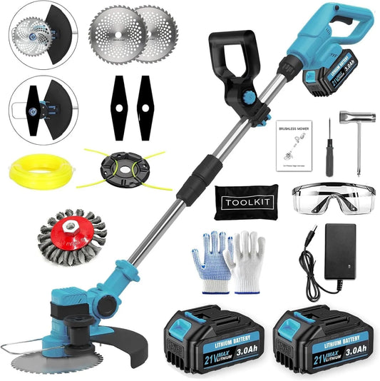 Makita Rasentrimmer, 4 in 1 Elektrischer Freischneider, mit 2 X 21V Akkus & 4 Klingentypen, Akku für Akkus, für Garten und Rasen