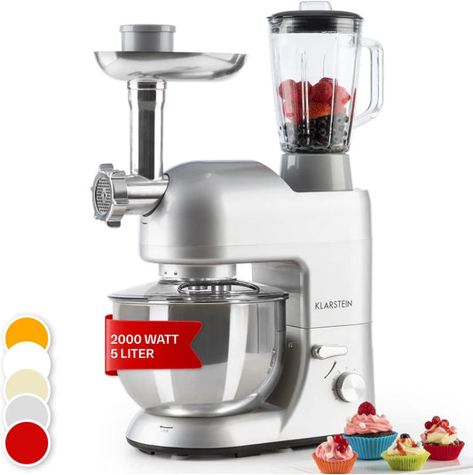 Klarstein Küchenmaschine, 6 Stufen, Schneebesen Rühr- & Knethaken, Rührmaschine mit Mixer, Leistung 1800W Teigmaschine Klein, Planetenrührwerk