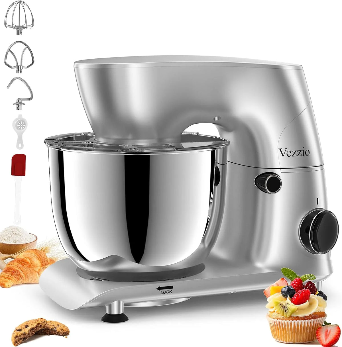 Küchenmaschine Vezzio Knetmaschine, 10 Geschwindigkeit Planetarisches Rührsystem, Fassungsvermögen 5.5L, zum Backen, Schlagbesen, Spritzschutz, Silber