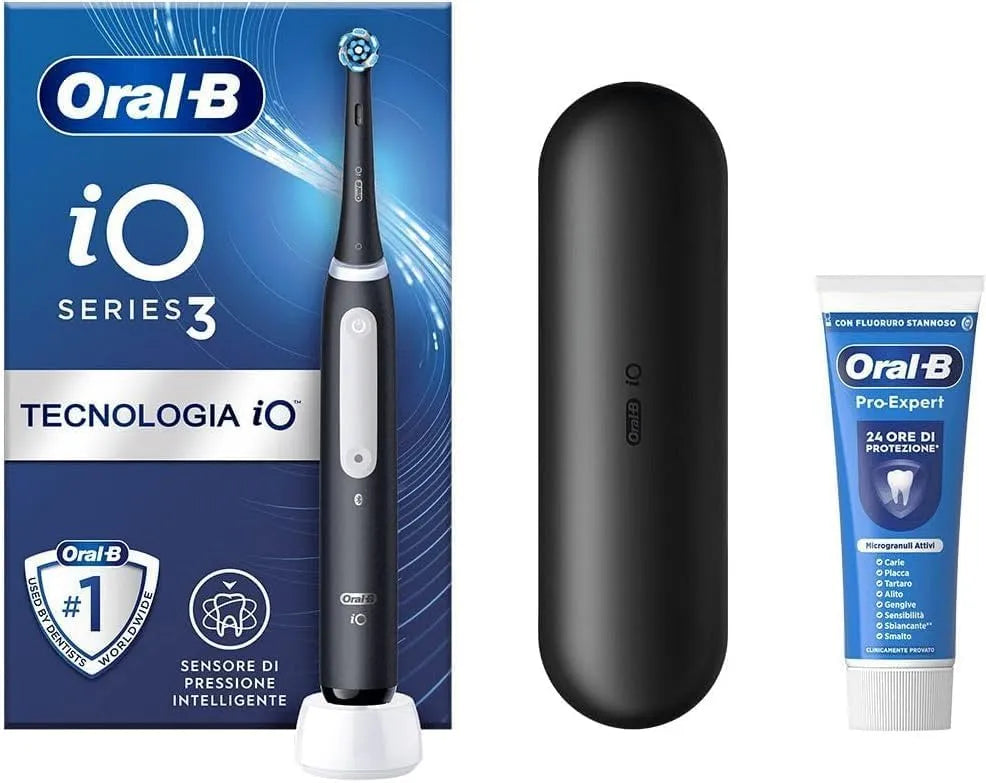 Elektrische Zahnbürste iO 3 Farbe Schwarz Oral-B Wiederaufladbare, 1 Ersatzkopf, Reiseetui + Zahnpasta Oral-B pro Expert, effektive Zahnreinigung