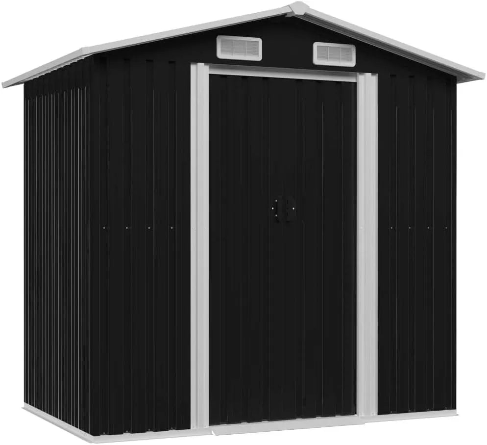 Gerätehaus Metall, Maße 204 x 132 x 186 cm, Mit 2 Entlüftungsöffnungen für die Lagerung, mit Pultdach, Schiebetür & Fundament, Anthrazit