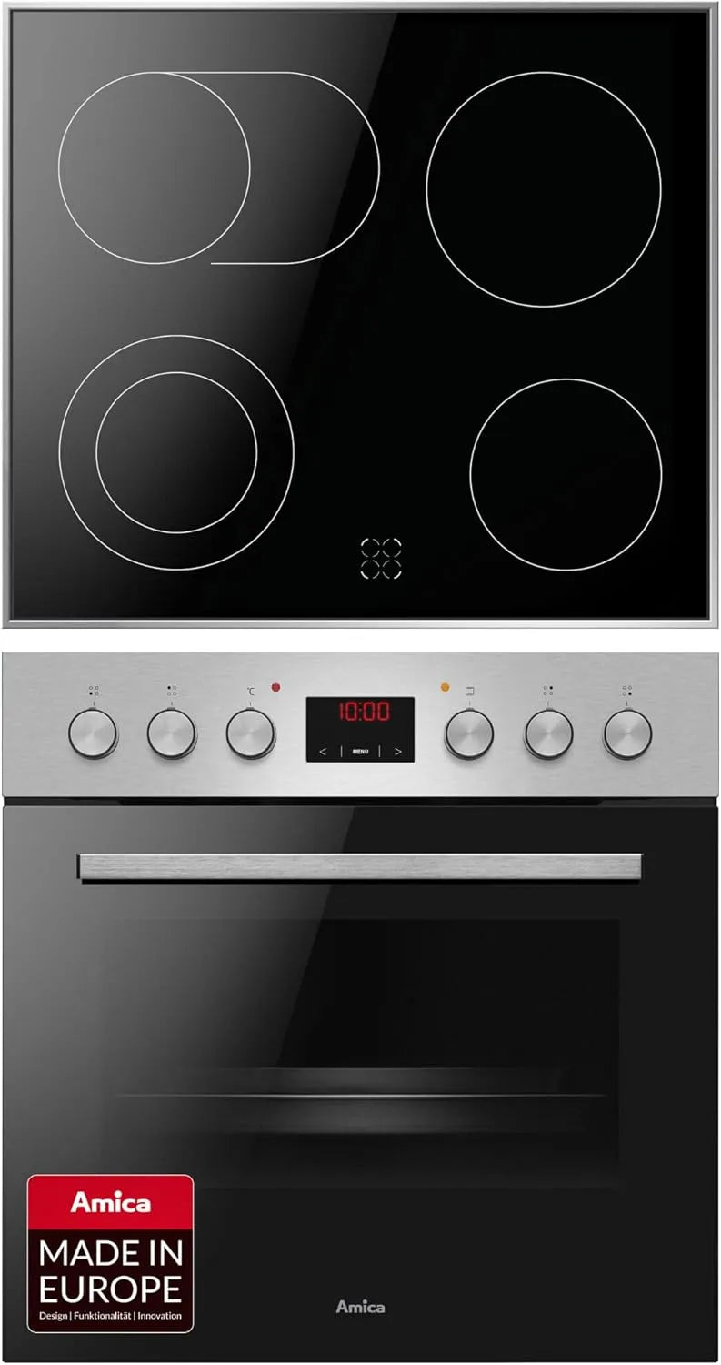 Amica Backofen ACHE 9335 E, Herd-Set mit Umluft, mit Kochfeld und Edelstahlrahmen, Timer, Wasserdampf Reinigung