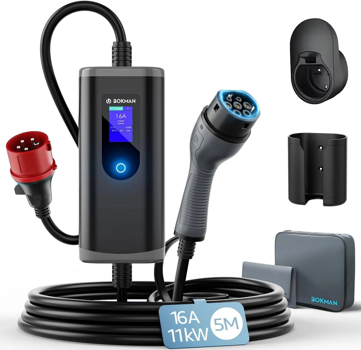 Modell 3-Phasig 2 Ladekabel mit CEE Stecker 6-16A IP65 IEC 62196 bokman Typ, Leistung 11kW, Wasserdicht, 5 Meter, mit Tragetasche & Mikrofaserhandtuch