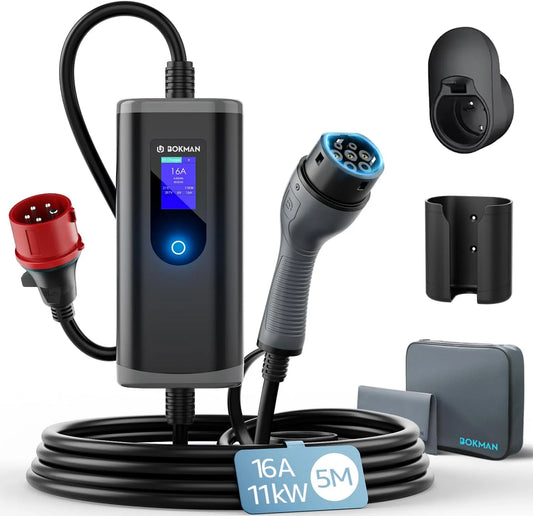 Modell 3-Phasig 2 Ladekabel mit CEE Stecker 6-16A IP65 IEC 62196 bokman Typ, Leistung 11kW, Wasserdicht, 5 Meter, mit Tragetasche & Mikrofaserhandtuch