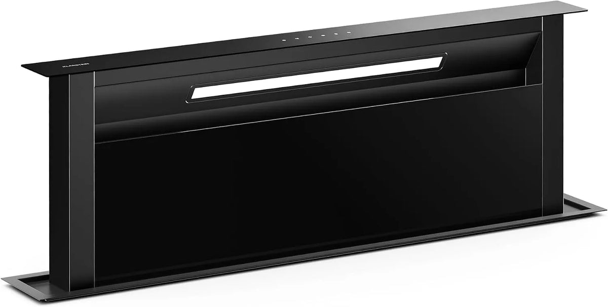 Klarstein Dunstabzugshaube, Velaire 90cm, 906 m³/h Luftstrom, Abzugshaube 90cm, Spülmaschinenfester Filter, A++ Downdraft, Touch-Bedienung, LED, Leise